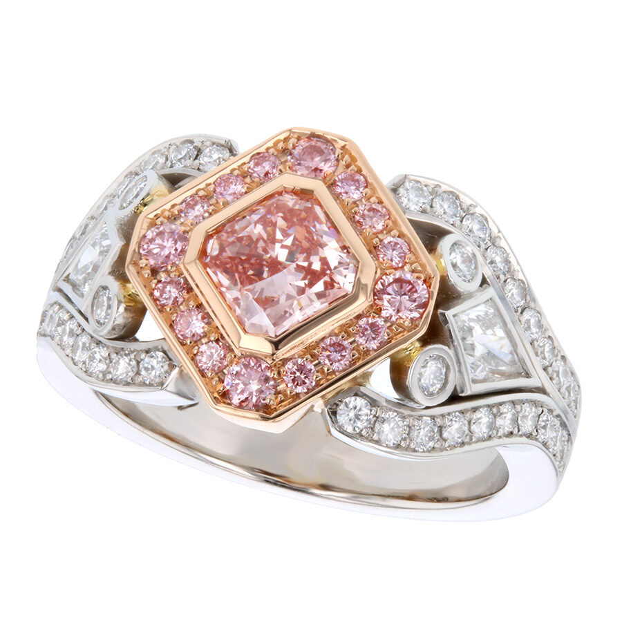 Square Radiant Pink Diamond with Kite Shaped Diamonds in Platinum Ring