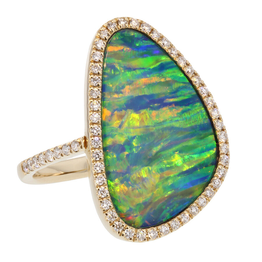 Freeform Opal Doublet in Yellow Gold Halo Ring