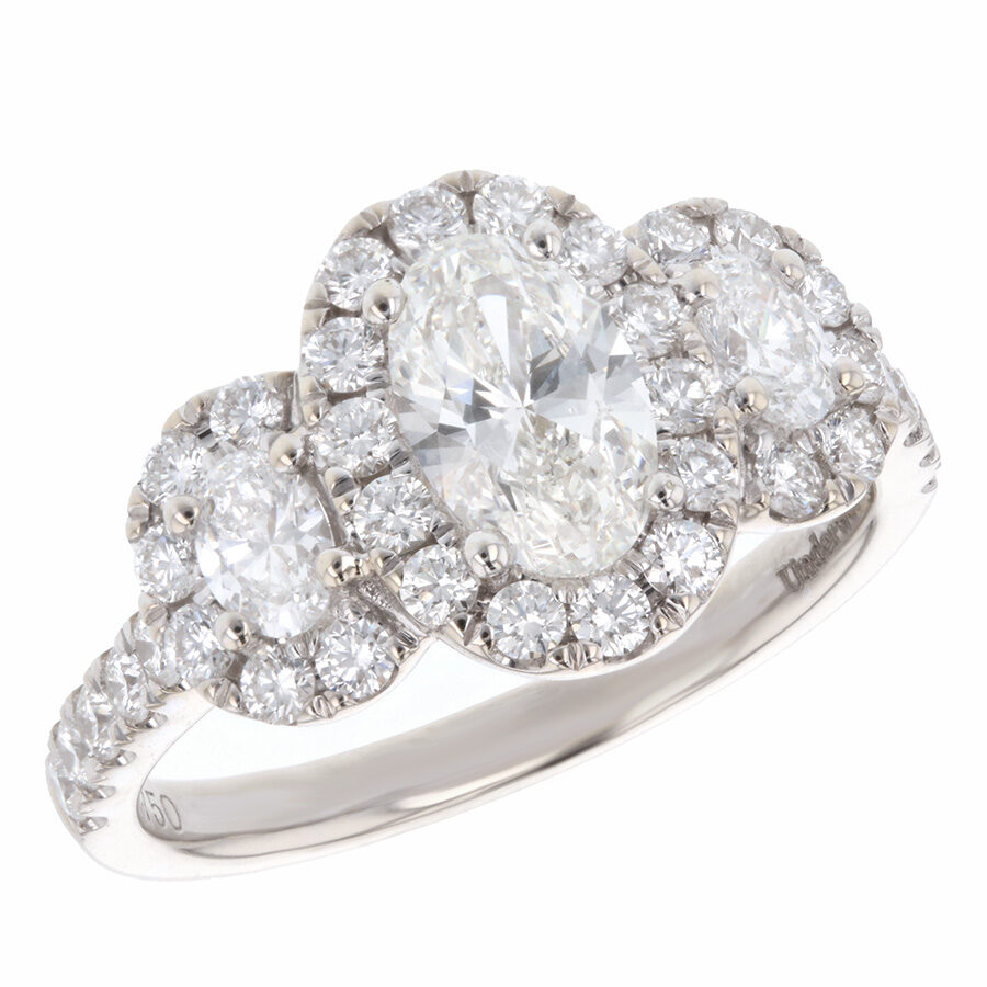 Three Oval Diamonds in White Gold Halo Ring