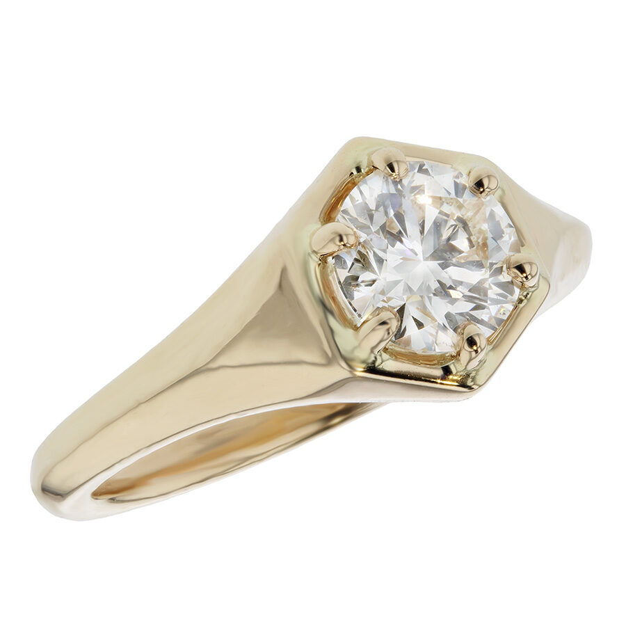 Round Diamond in Hexagonal Yellow Gold Ring