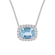 Cushion Cut Aquamarine in White Gold Halo Necklace