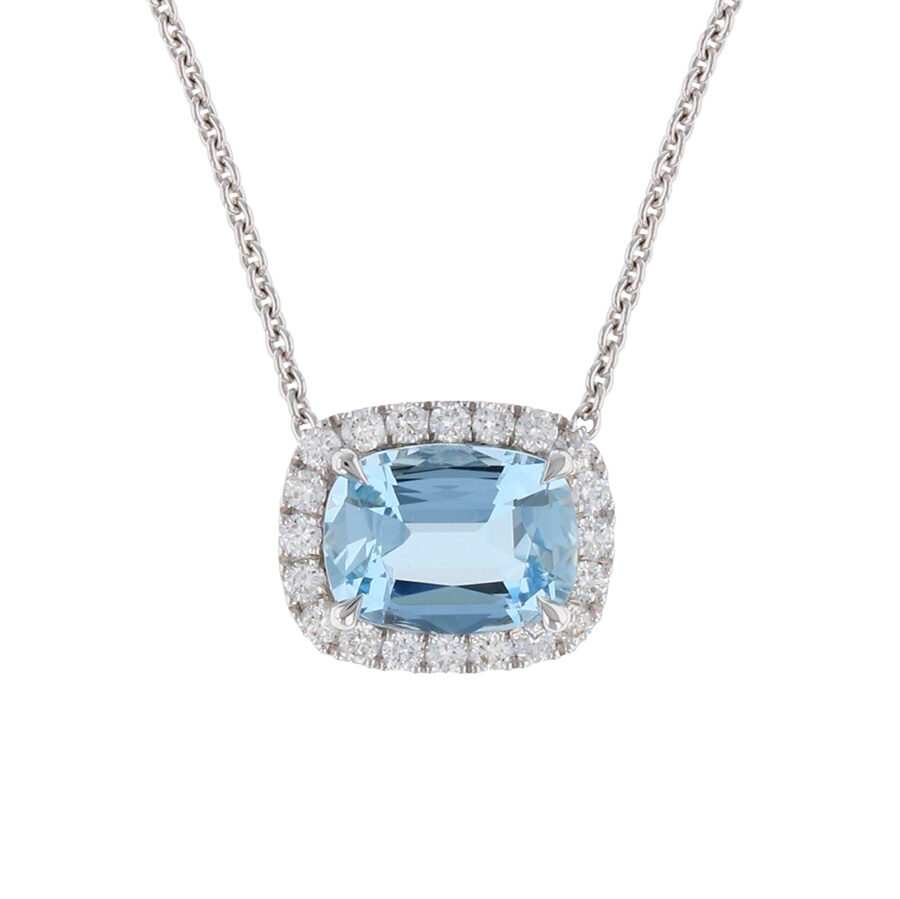 Cushion Cut Aquamarine in White Gold Halo Necklace