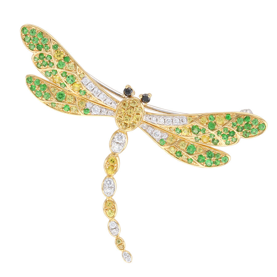 Dragonfly Brooch with Sapphires and Garnets in Yellow Gold