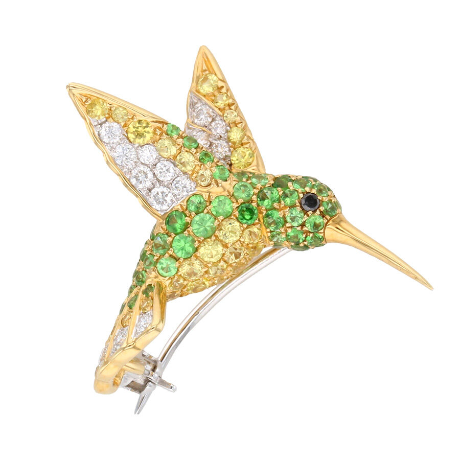 Garnets and Sapphires in Yellow Gold Hummingbird Brooch