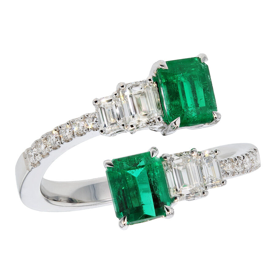 Emeralds and Diamonds in White Gold Bypass Ring