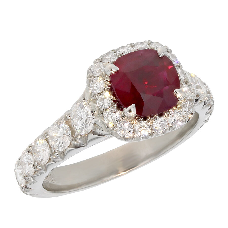 Cushion Ruby in Platinum Halo Ring