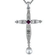 Square Ruby and Pearl in Engraved White Gold Cross