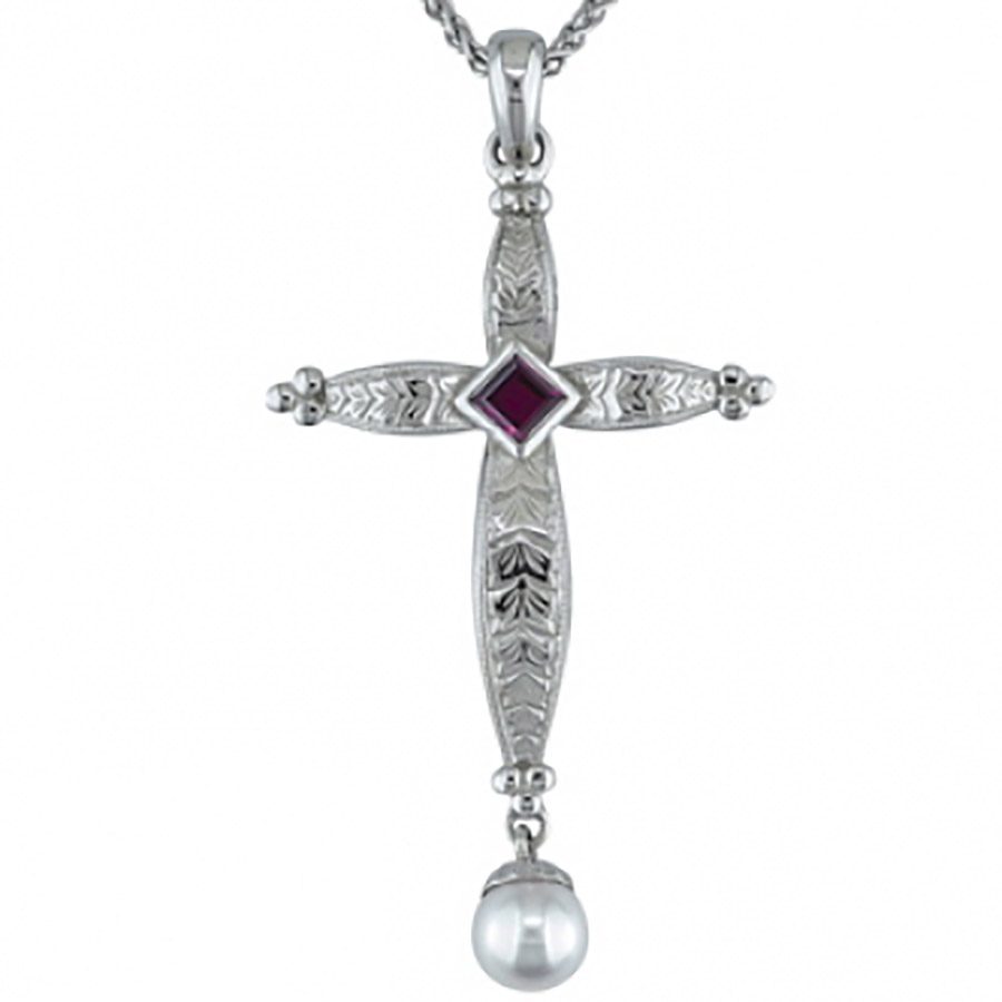Square Ruby and Pearl in Engraved White Gold Cross
