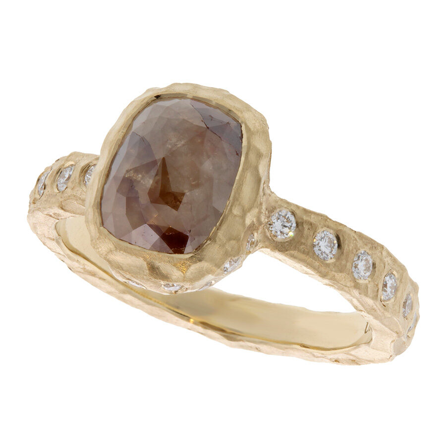 Cushion Shape Rose Cut Opaque Diamond in Hammered Yellow Gold Ring