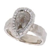 Pear Shaped Rose Cut Opaque Diamond in Hammered White Gold Ring
