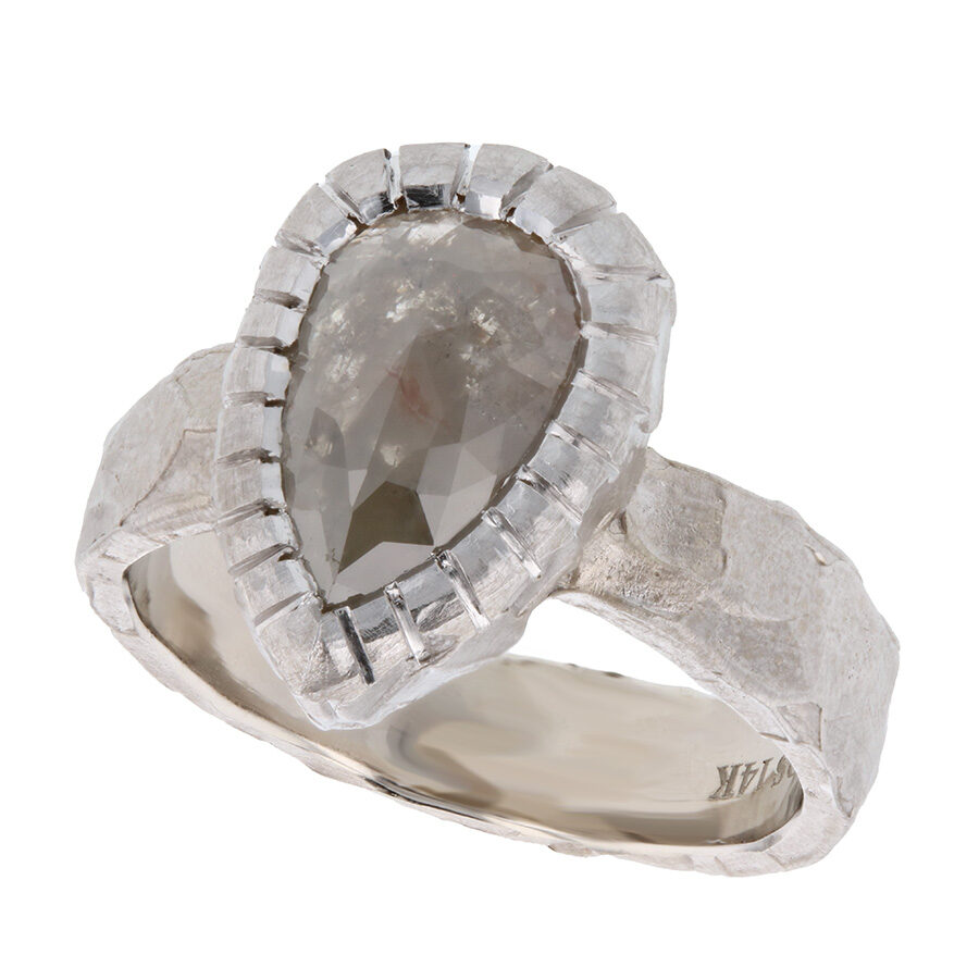 Pear Shaped Rose Cut Opaque Diamond in Hammered White Gold Ring