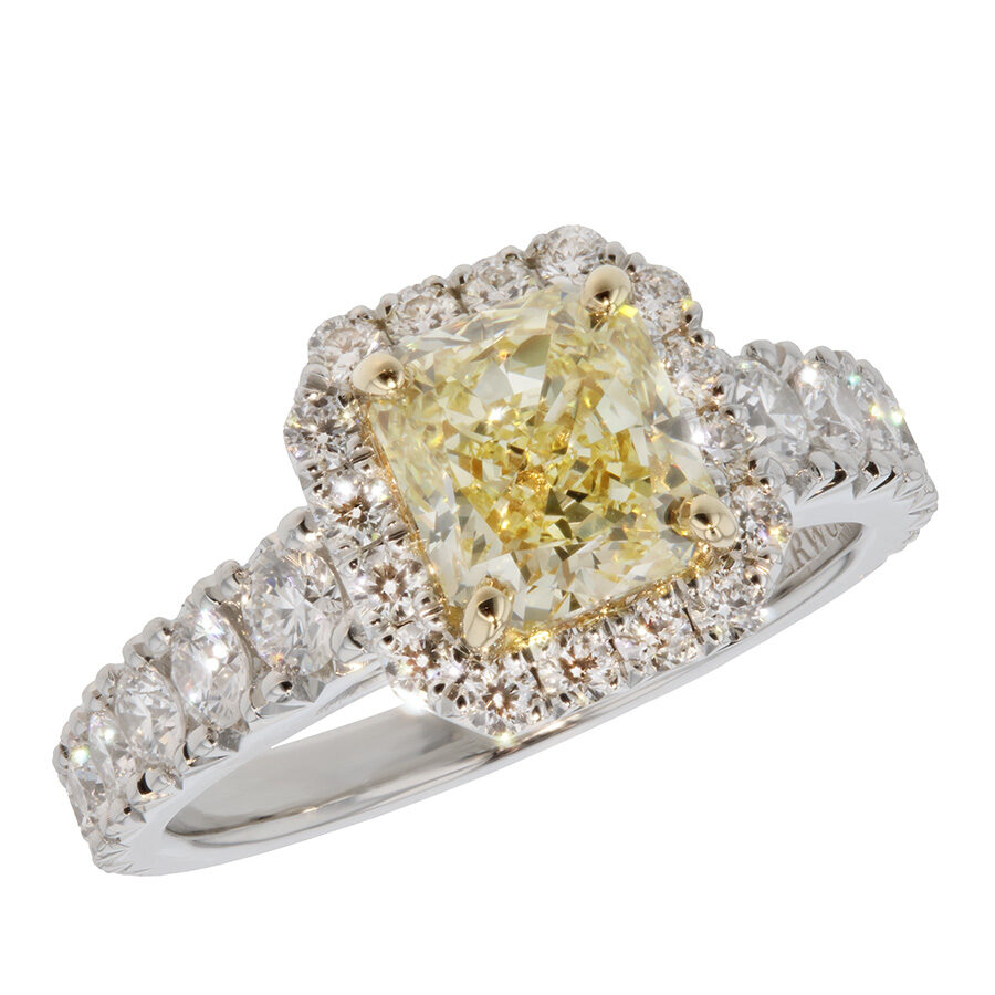 Radiant Fancy Yellow Diamond in Platinum Halo Ring