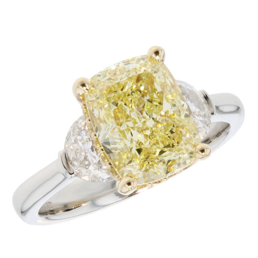 Cushion Fancy Yellow Diamond with Halfmoons in Platinum Ring