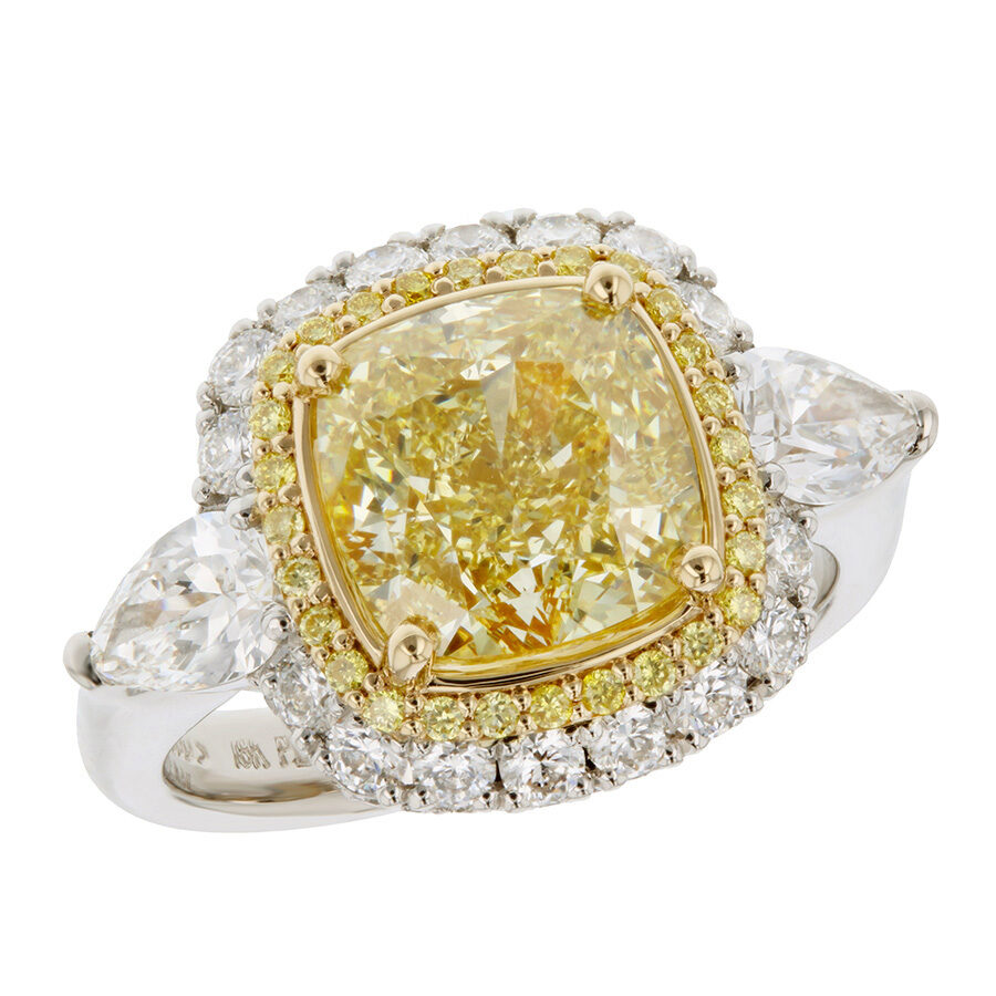 Cushion Fancy Yellow Diamond with Pearshapes in Platinum Halo Ring