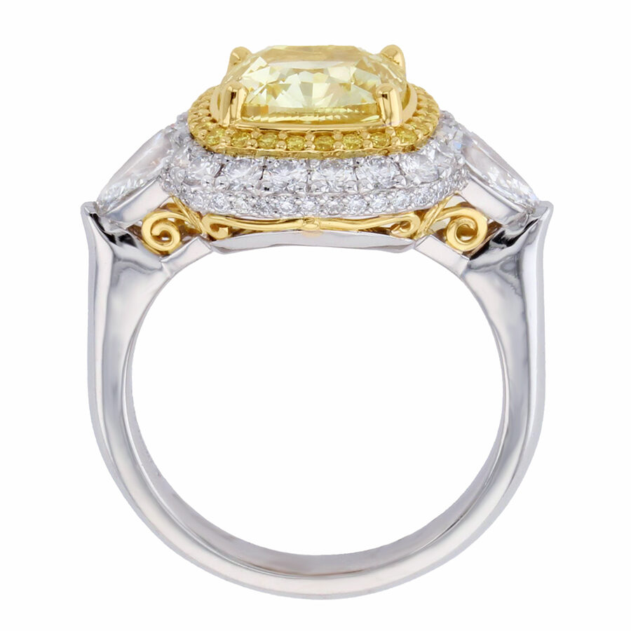 Cushion Fancy Yellow Diamond with Pearshapes in Platinum Halo Ring