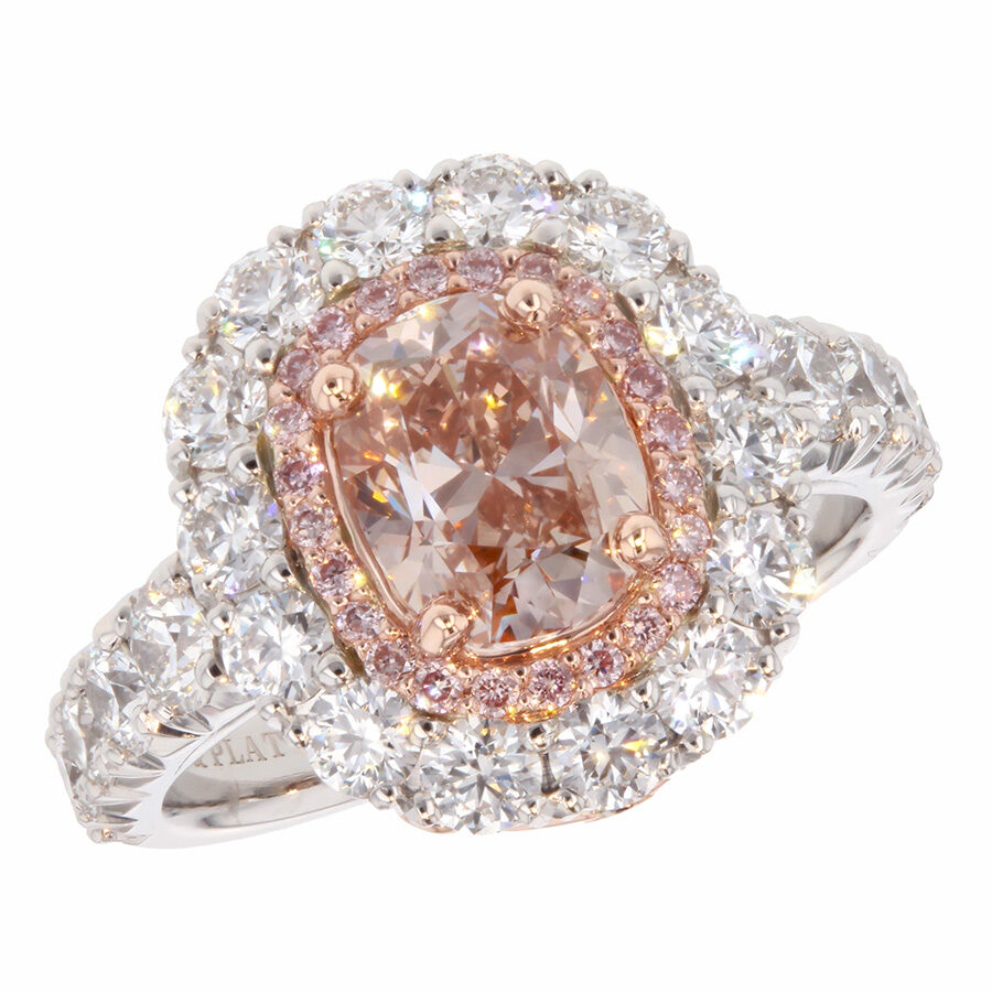 Cushion Shaped Pink Diamond in Double Halo Platinum Ring