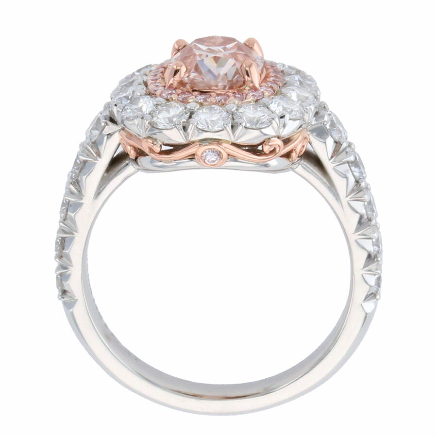 Cushion Shaped Pink Diamond in Double Halo Platinum Ring