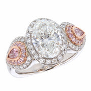 Oval Diamond with Pear Shaped Pink Diamonds in Platinum Halo Ring