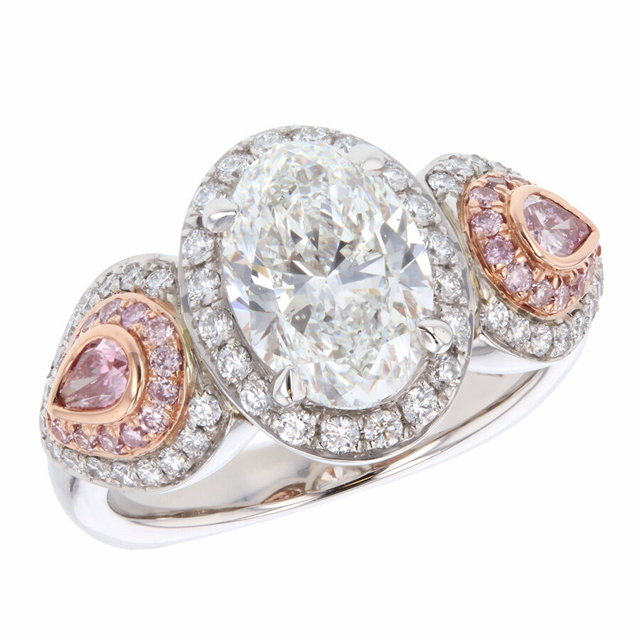 Oval Diamond with Pear Shaped Pink Diamonds in Platinum Halo Ring