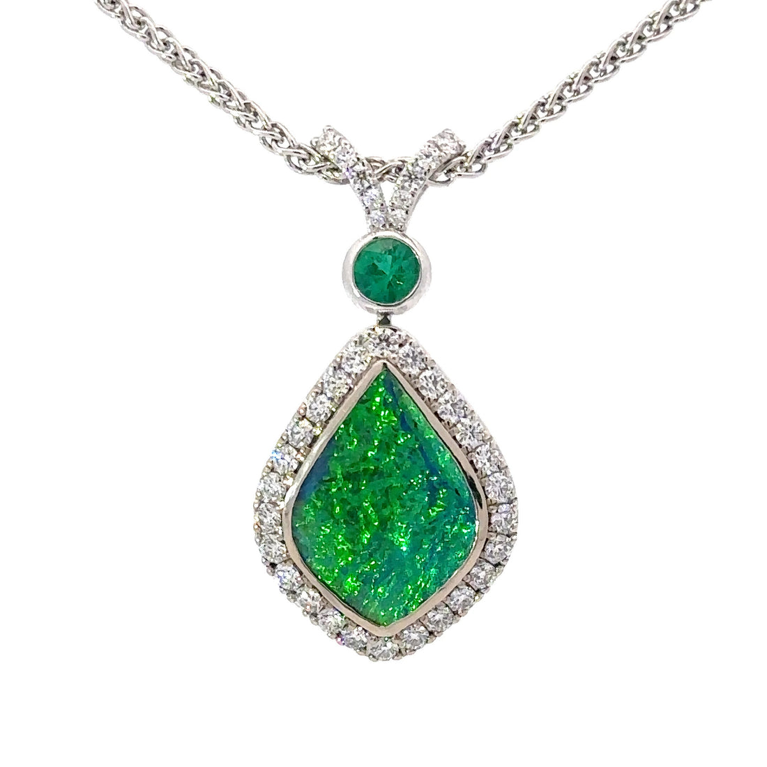 Boulder Opal in White Gold Halo Pendant