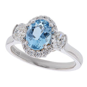Oval Aquamarine with Oval Diamonds in White Gold Halo Ring