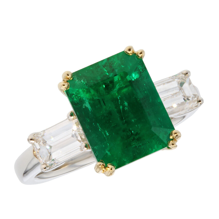 Emerald Cut Emerald with Baguette Diamonds in Platinum Ring