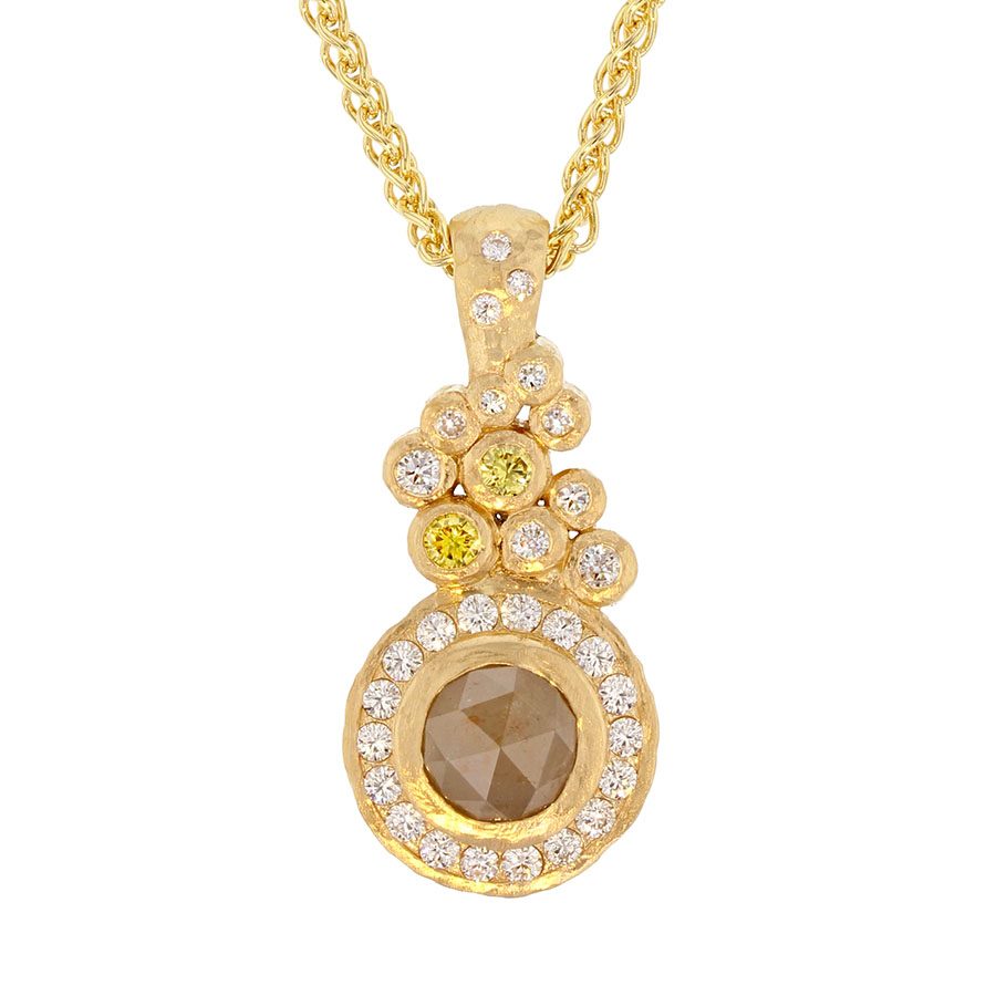 Opaque Diamonds in Hammered Yellow Gold Halo Pendant