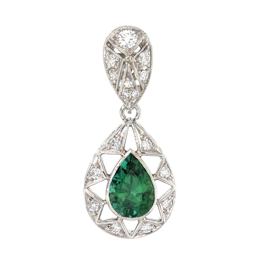 Pear Shape Green Tourmaline with Diamonds in Platinum Pendant