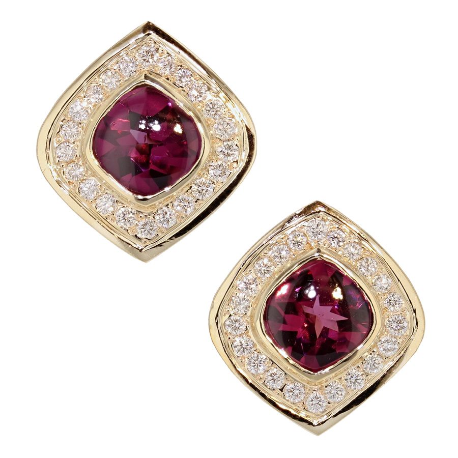 Garnets in Diamond Halo Yellow Gold Earrings