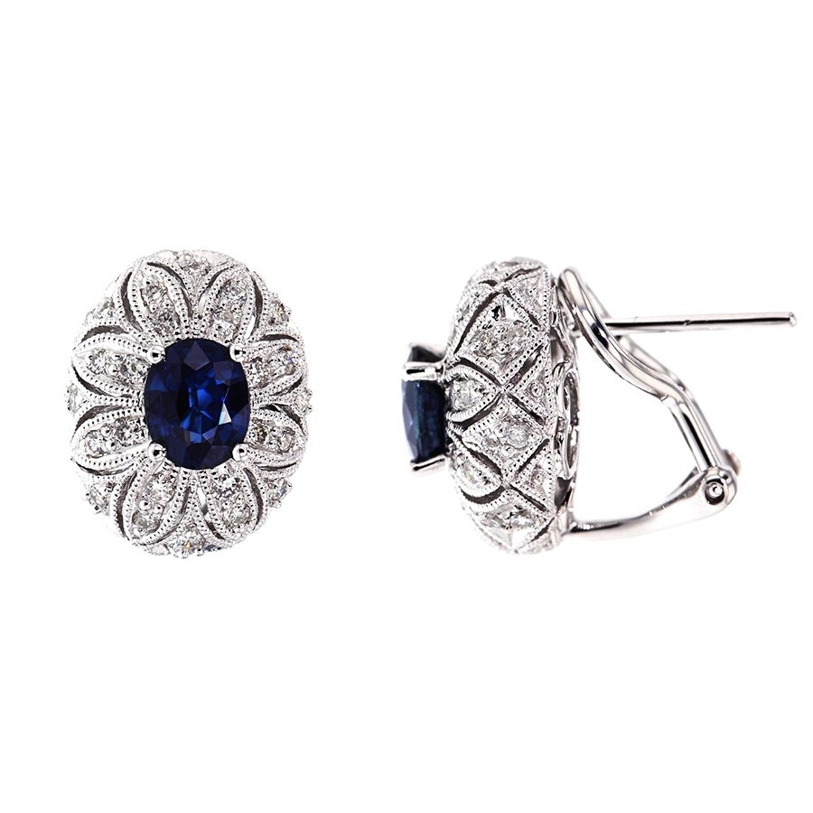 Oval Sapphire and Diamonds in White Gold "Dome" Style Earrings