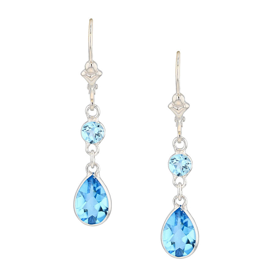 Pear Shaped and Round Blue Topaz in White Gold Earrings