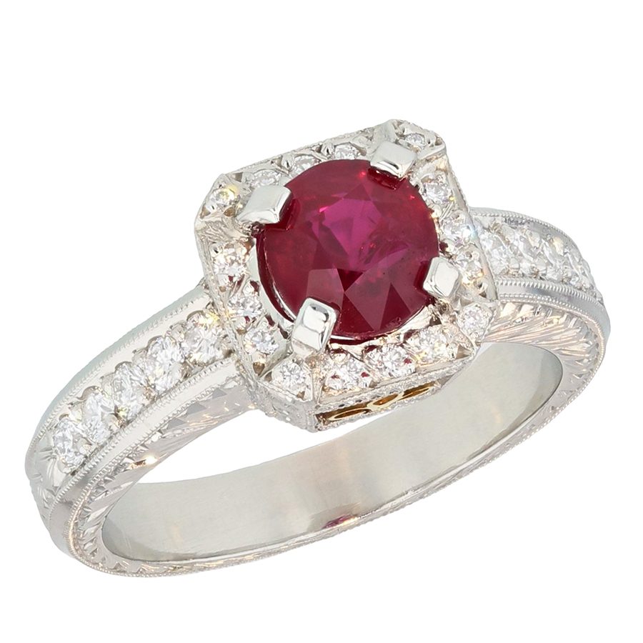 Round Ruby with Diamonds in Hand Engraved Platinum Ring