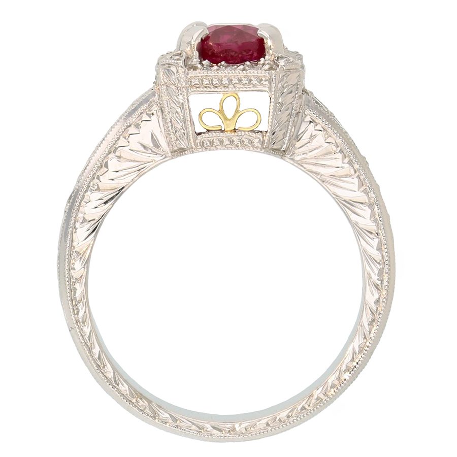 Round Ruby with Diamonds in Hand Engraved Platinum Ring