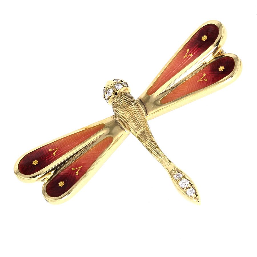 Enamel and Diamonds Yellow Gold Dragonfly Brooch