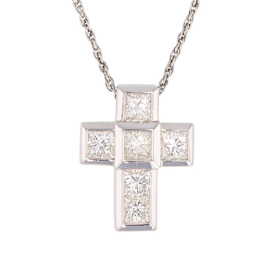 Princess Cut Diamonds in White Gold Cross Necklace