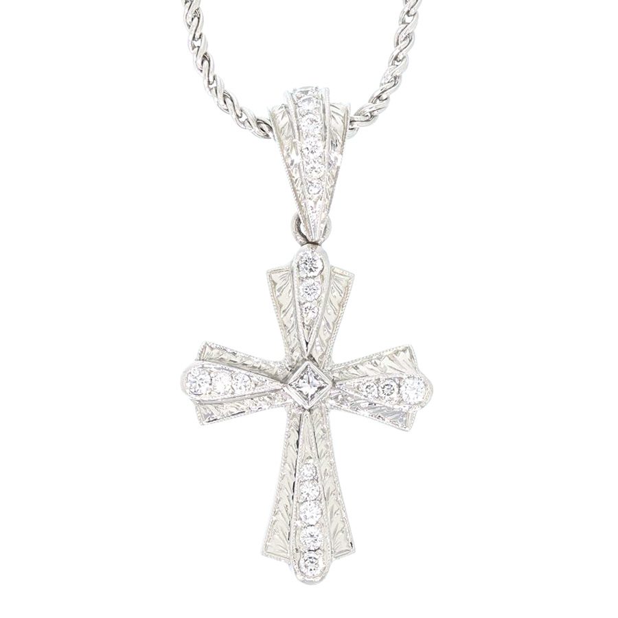 Hand Engraved Platinum and Diamonds Cross Pendant