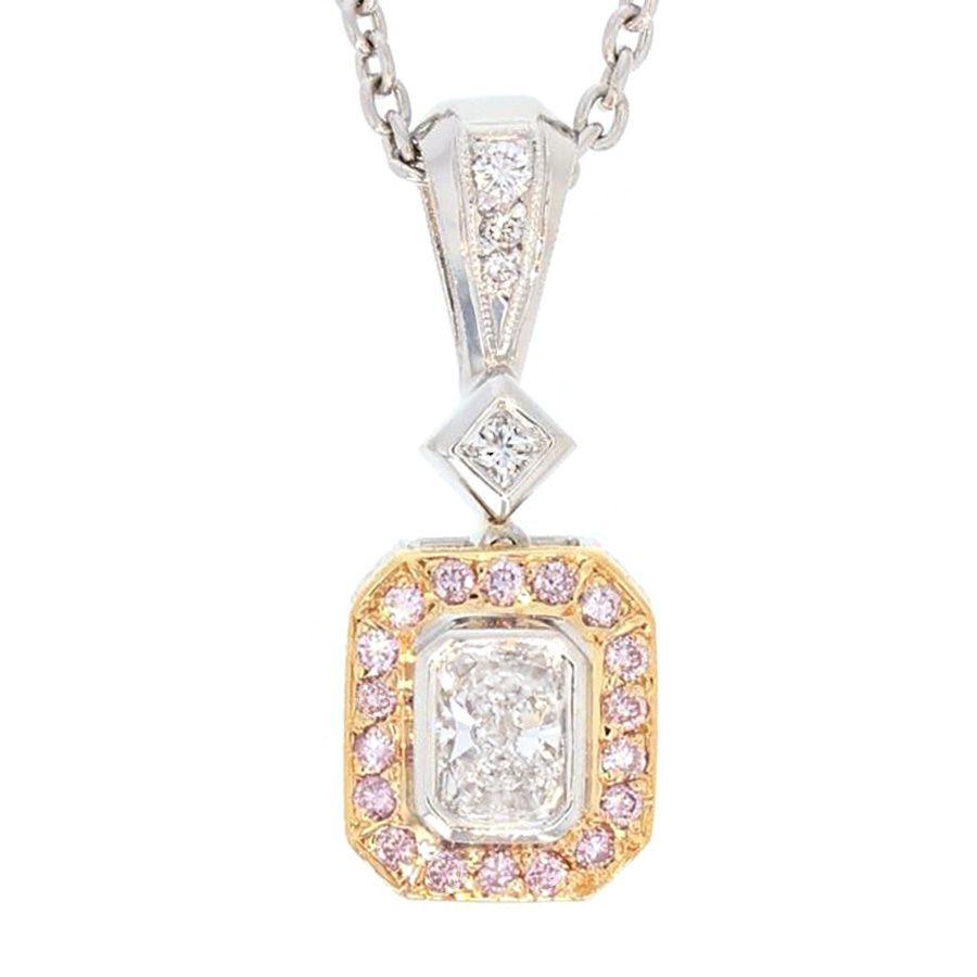 Radiant and Pink Diamonds in Platinum Pendant