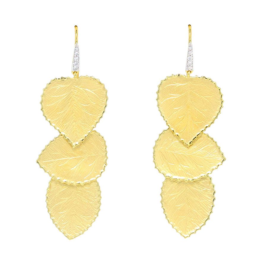 Yellow Gold "Leaves" with Diamonds Dangle Earrings