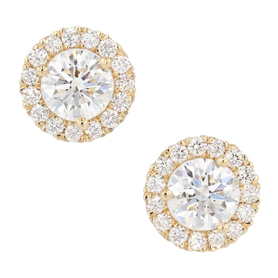 Round Diamonds in Yellow Gold Halo Earrings