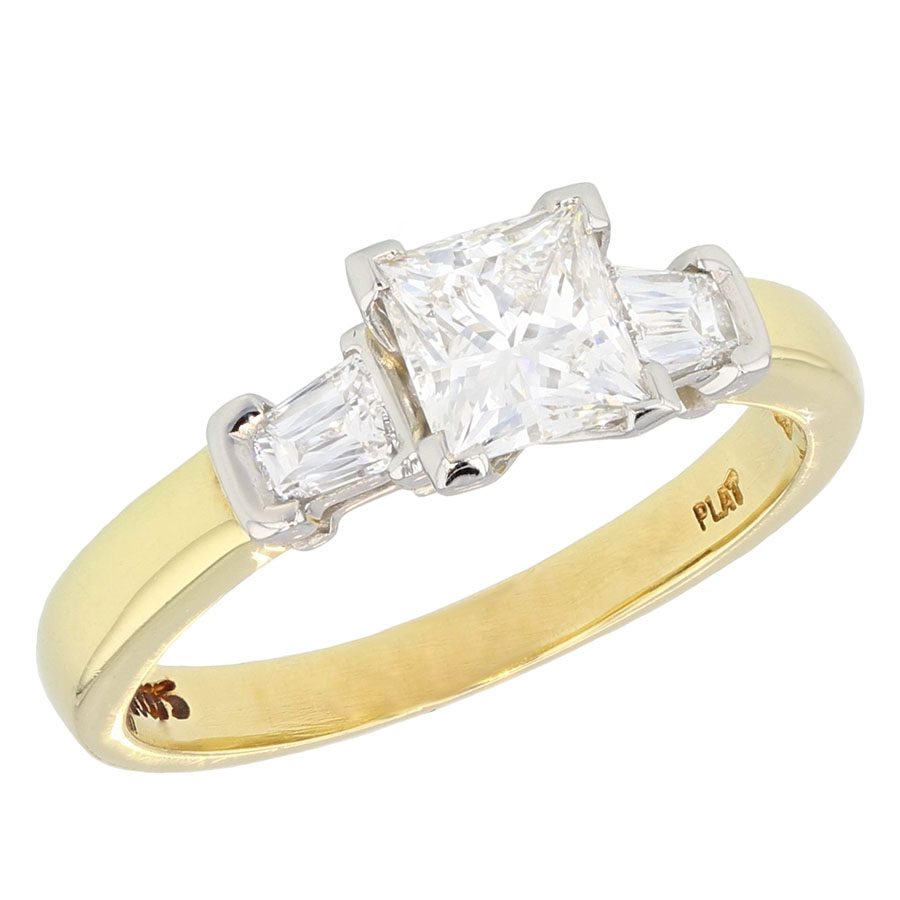 Princess Cut Diamond with Tapered Baguettes in Yellow Gold Ring