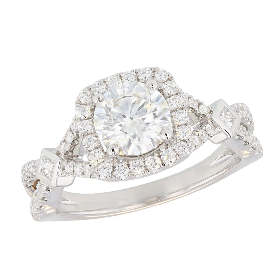 Round Diamond in Halo Twist Band White Gold Ring