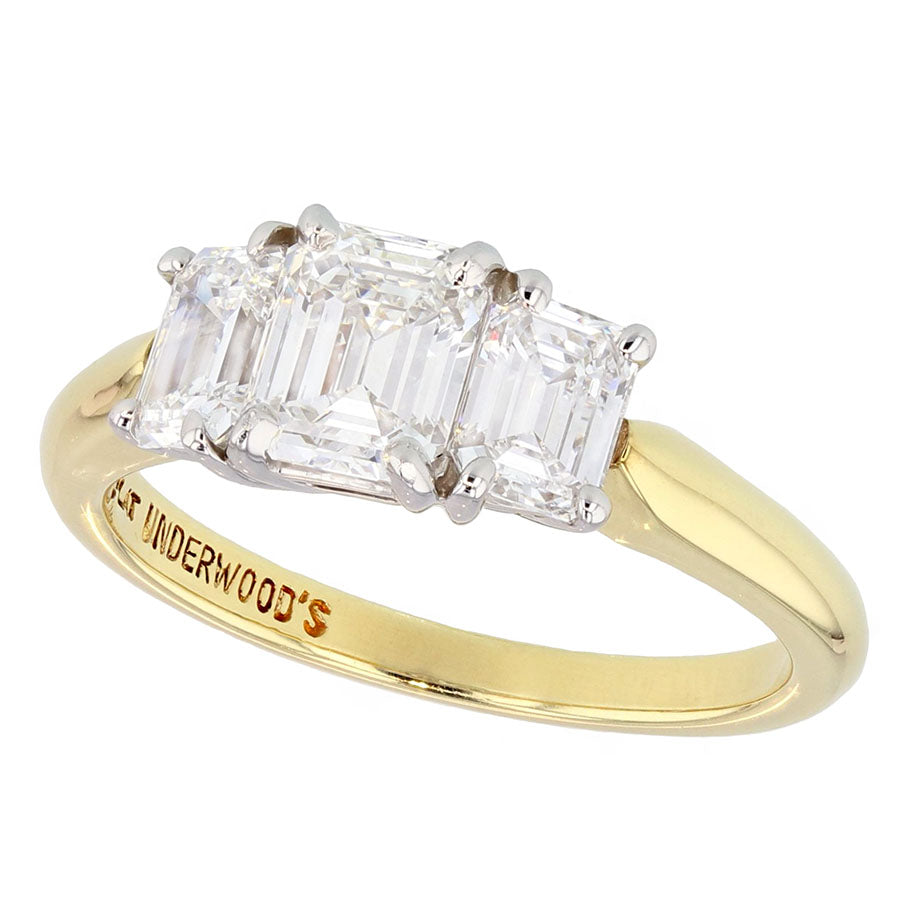 Three Emerald Cut Diamonds in Platinum and Yellow Gold Ring
