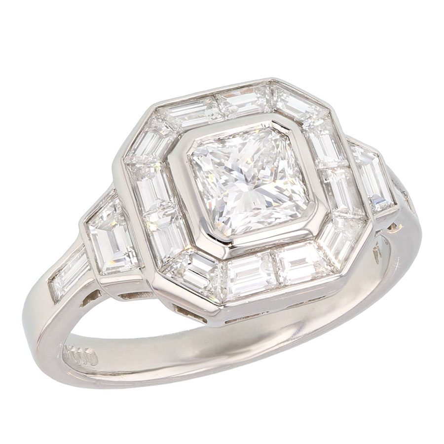 Radiant Diamond with Baguette Halo in Platinum Ring