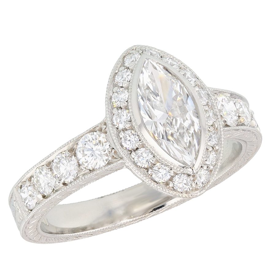 Marquise Diamond with Halo in Hand Engraved Platinum Ring