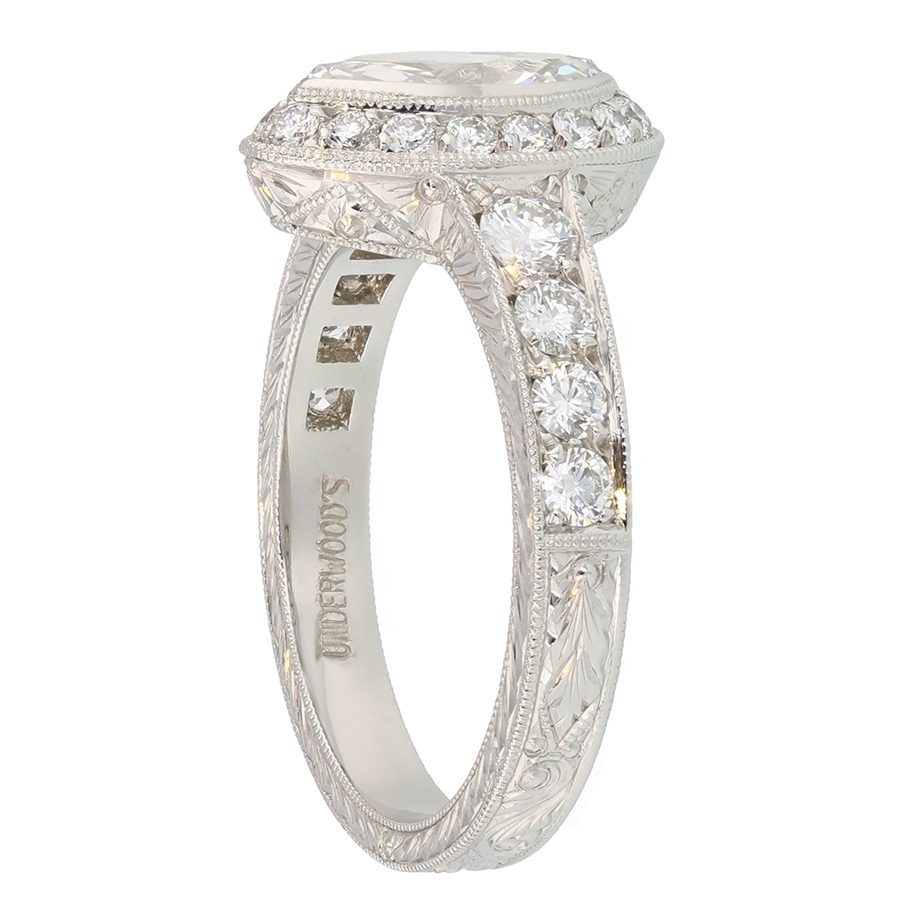 Marquise Diamond with Halo in Hand Engraved Platinum Ring