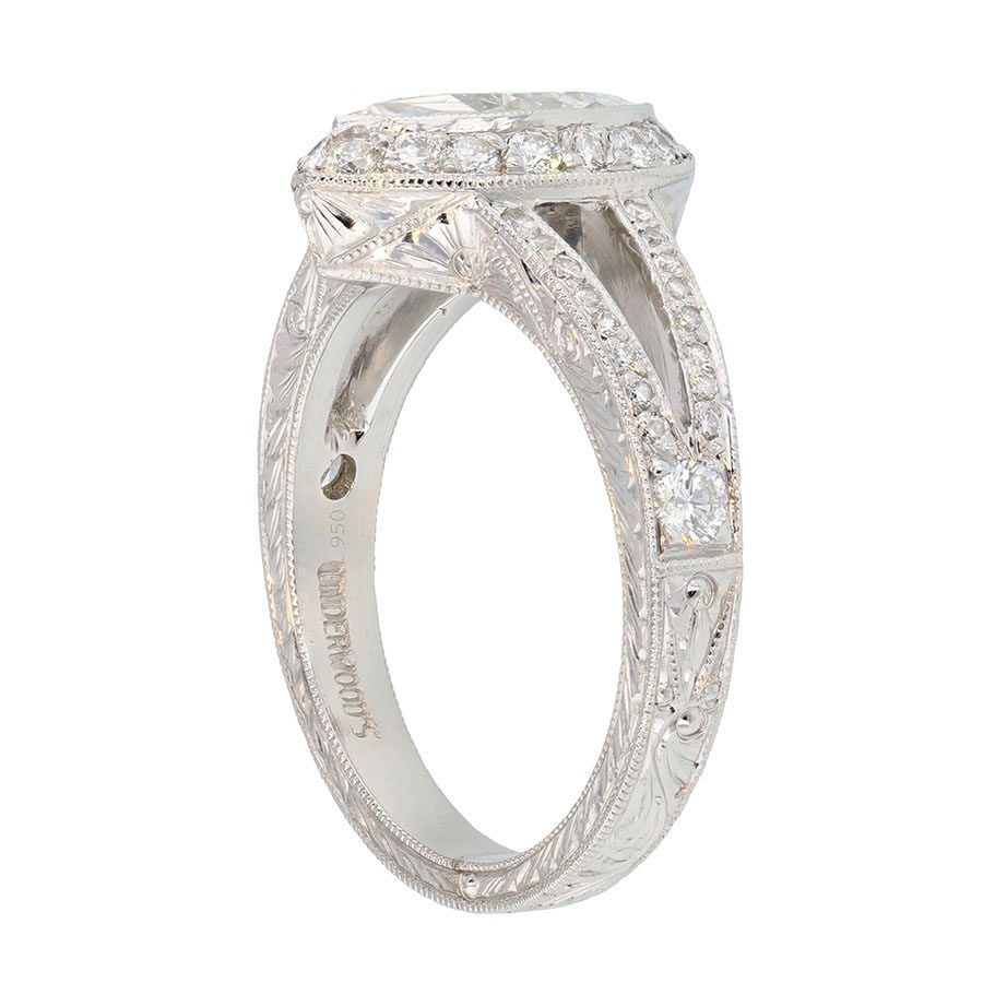 Marquise Diamond Halo Split Shank Platinum Engraved Ring