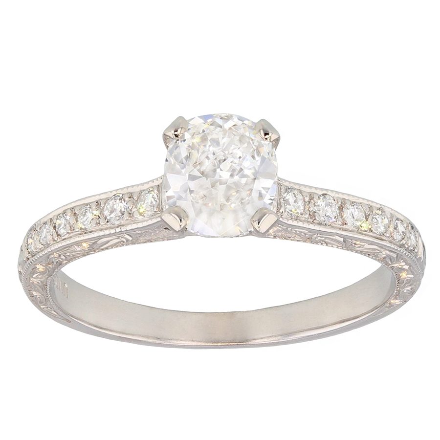 Hand Engraved White Gold Cushion Diamond Ring