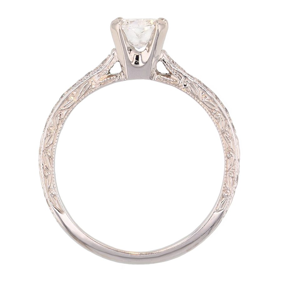 Hand Engraved White Gold Cushion Diamond Ring