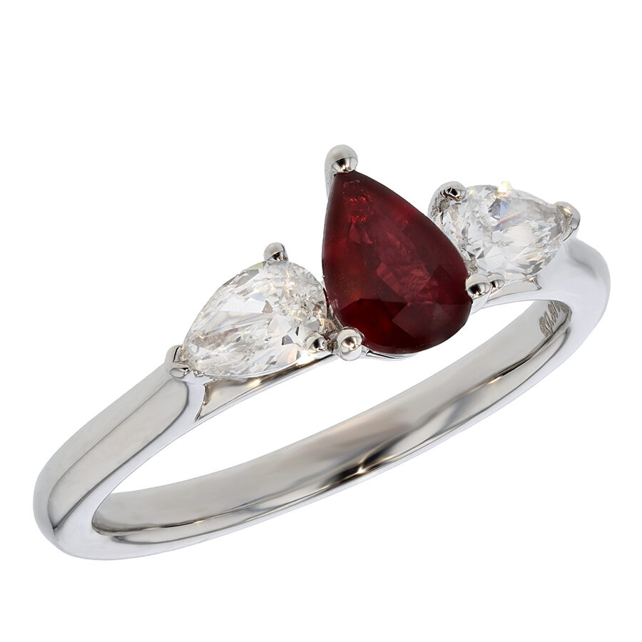 Pear Shaped Ruby and Diamonds in White Gold Ring