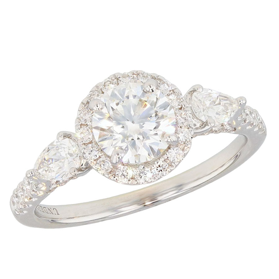 Round Diamond with Pear Shaped Diamonds in White Gold Halo Ring